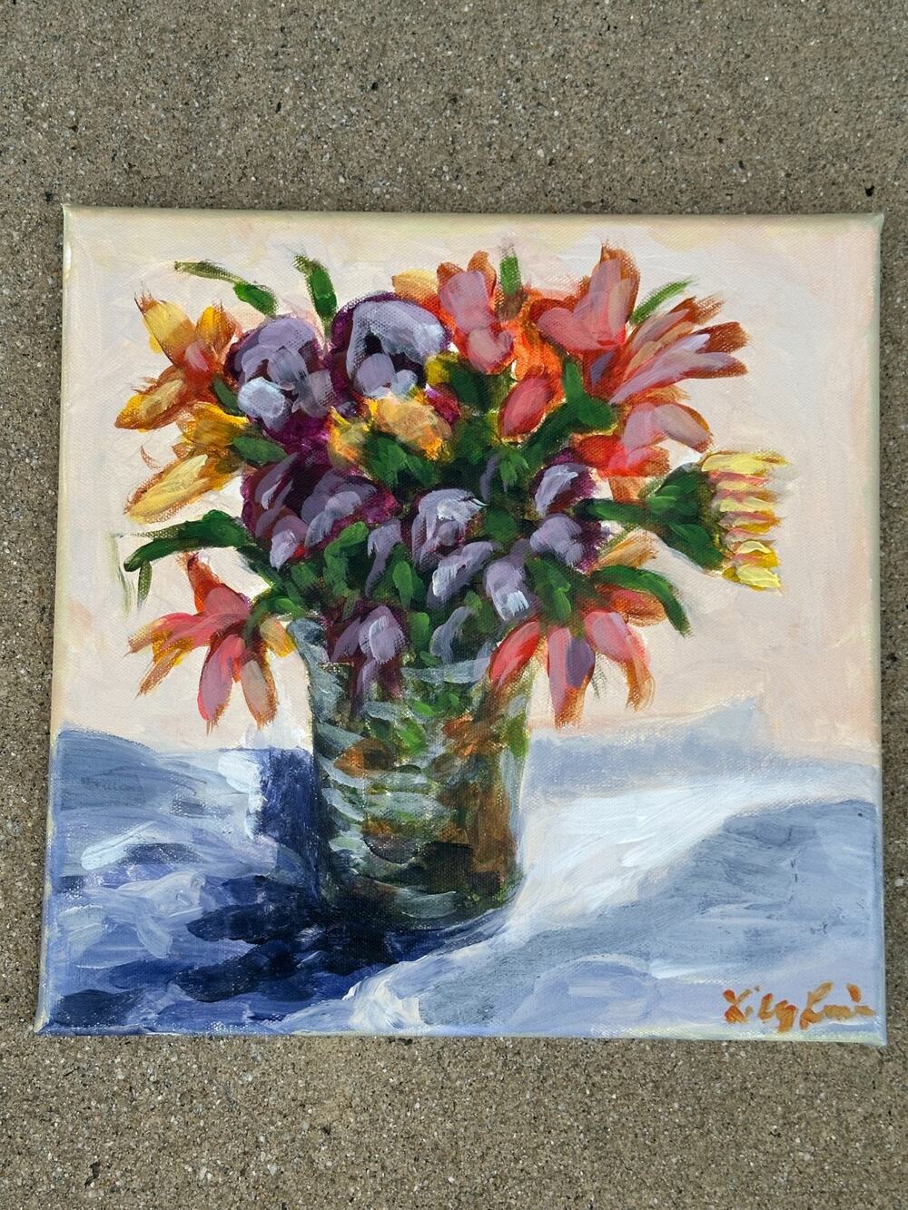 Original Acrylic Wall Art Canvas Painting Floral 12X12 Signed